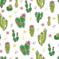 Different cacti and flowers seamless pattern on a white background. Vector background with desert green plants.