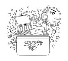 Cosmetic bag with a mirror, lipstick, eye shadow coloring book for adults. Vector illustration.