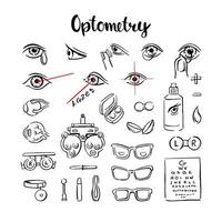 Optometry is a set of icons, with eyes, lenses and glasses for medical information graphics. Hand-drawn vector illustration on a white background.