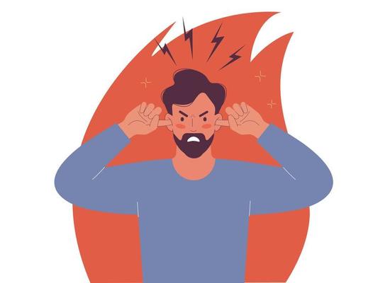 Man angry, he covers his ears with his fingers, ignoring annoying sounds and noise