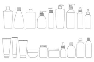 conjunto de botellas cosméticas. botellas de champú, crema, tónico, bálsamo. imagen lineal sobre un fondo blanco. vector