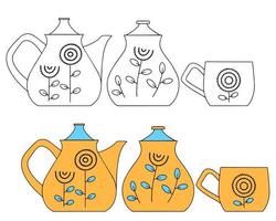 Set of ceramic dishes teapot, sugar bowl and cup. Color and linear drawing vector