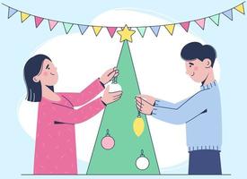 una joven pareja casada está decorando un árbol de navidad. ilustración plana vector