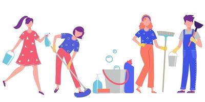 Illustration on the theme of cleaning. People do cleaning at home or in the office vector