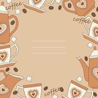 Vector frame for menu or postcard on coffee theme coffee pot, coffee cups, sugar, coffee beans