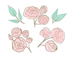 Set of floral branch. Flower pink rose, green leaves. Wedding concept with flowers. Roses drawn with golden one line and pink watercolor. vector