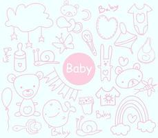 conjunto de dibujos animados de garabatos dibujados a mano incompletos de objetos y símbolos sobre el tema del bebé. vector de diseño hecho a mano recién nacido.