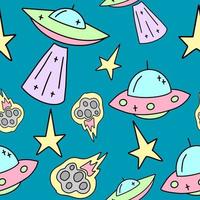 Vector Seamless childish space pattern with rockets, asteroids and ufo.