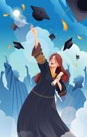 Graduation Concept with Female Student Throwing Hat in The Air vector