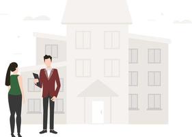 A boy standing in front of building and dealing with a girl. vector