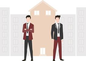 Two mens standing in front of a building. vector