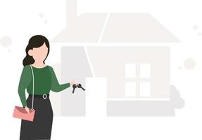 A girl with handbag holding keys in her hand standing near a house. vector