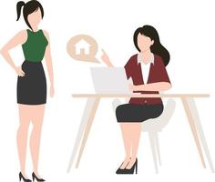 Two females,one sitting on a chair and the oher standing near her table discuss about the house property. vector