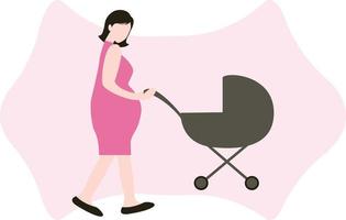 A pregnant lady is going for a walk with stroller. vector
