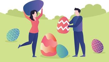 Girl and boy playing with Easter eggs. vector