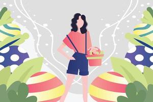 The girl is standing with a basket of Easter eggs. vector