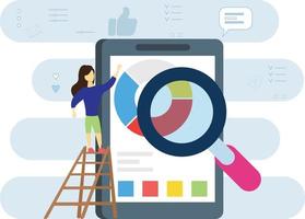 The girl is standing on ladder and search something on chart. vector