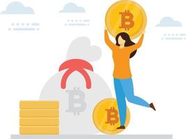 The girl is standing with a bitcoin in her hands. vector