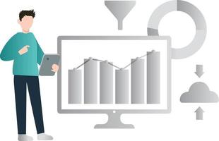 A boy standing and see the bar graphs. vector