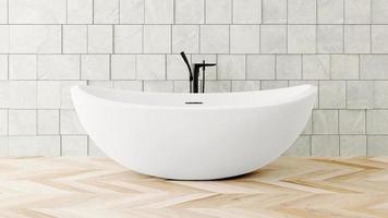 diseño de interiores de baño lujoso y moderno, bañera blanca en paredes blancas y limpias, presentación en 3d foto