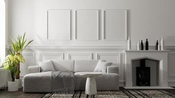 maqueta de marco de fotos en salón de lujo blanco con chimenea y sofá. representación 3d