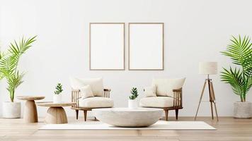 marco de póster simulado en un fondo interior moderno, sala de estar, estilo escandinavo, presentación en 3d, ilustración en 3d foto