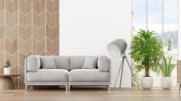 habitación interior blanca con sofá y planta 3d render