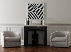 photo frame mockup in white luxury living room with fire place and sofa. 3d rendering