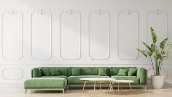 habitación interior blanca con sofá y planta 3d render
