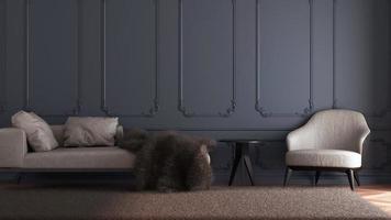 habitación interior azul con sofá y mesa dorada 3d render foto
