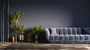 habitación interior azul con sofá y mesa dorada 3d render