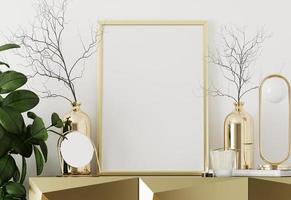 maqueta de marco de fotos en mesa dorada con planta y decoración dorada en la sala de estar. representación 3d