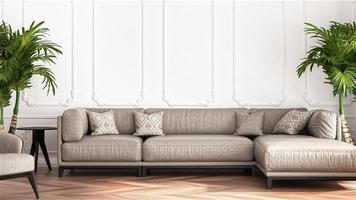 habitación interior blanca con sofá y planta 3d render foto