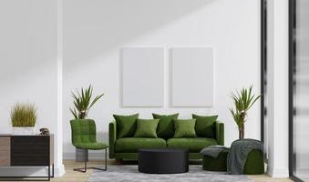 maqueta de lienzo en salón blanco limpio con sofá verde y suelo de madera. representación 3d