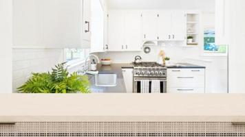 wooden table with blurred background kitchen photo