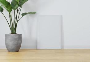 photo frame mockup with wooden floor and plant in empty room. 3d rendering