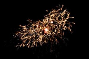 coloridos fuegos artificiales contra un cielo nocturno negro.fuegos artificiales para año nuevo. hermoso y colorido espectáculo de fuegos artificiales en el lago urbano para celebrar en el fondo oscuro de la noche. foto