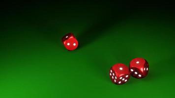 cirkelvormige rode dobbelstenen vallen op de groene vilten tafel. het concept van dobbelstenen gokken in casino's. 3D-rendering video