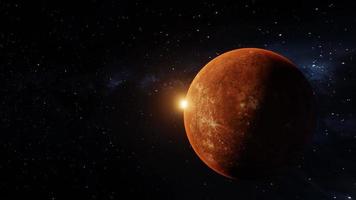 ein rot-oranger Planet, ähnlich wie Merkur, im Weltraum mit kosmischem Nebel. Galaxis. Ein Planet, der die Sonne verdeckt, wird als ringförmige Sonnenfinsternis bezeichnet. 3D-Rendering video