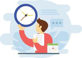 The boy is sitting holding the clock and file. vector