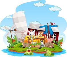 Farm scene with many animals by the barn vector