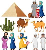 Arabic people with camel and cactus plants vector