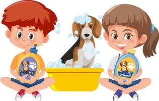 niños con su perro beagle bañándose