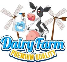 Dairy farm word logo with a dairy cow cartoon vector