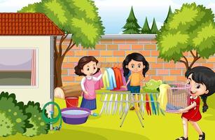 Scene of backyard with kids and fence vector