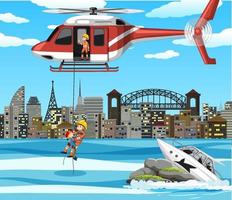 River city scene with firerman rescue in cartoon style vector