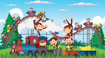 Train riding with monkeys at the park vector