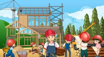 Building house construction site and workers vector