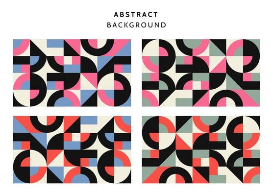 Swiss Bauhaus geometric pattern background, vector abstract circle, triangle and square lines art. Yellow, blue, red and green color, trendy Bauhaus pattern backgrounds set