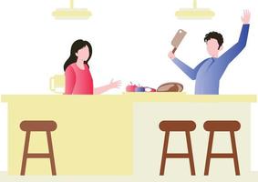 A girl and  boy with butcher knife standing in the kitchen. vector